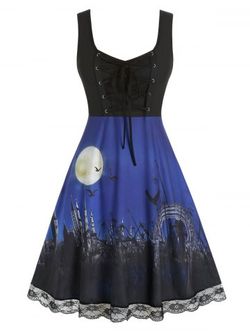 Plus Size Halloween Lace Up Printed Dress - BLACK - 1X