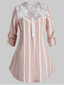 Plus Size Striped Lace Panel Button Casual Blouse - PINK ROSE - 4X