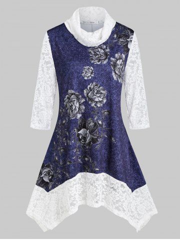 Plus Size Cowl Collar Lace Insert Floral Handkerchief Tee