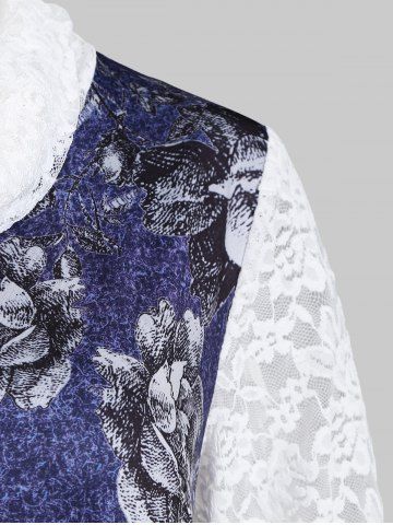 Plus Size Cowl Collar Lace Insert Floral Handkerchief Tee