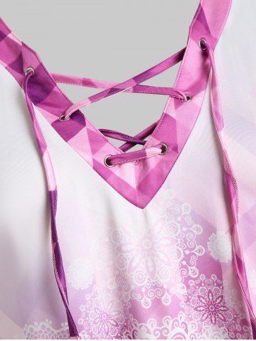 Plus Size Ombre Color Lace Up Printed Tee