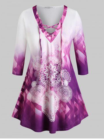 Plus Size Ombre Color Lace Up Printed Tee