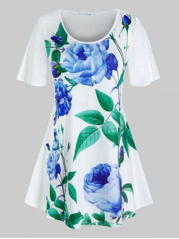 Plus Size Floral Leaves Print Swing T Shirt - WHITE - L