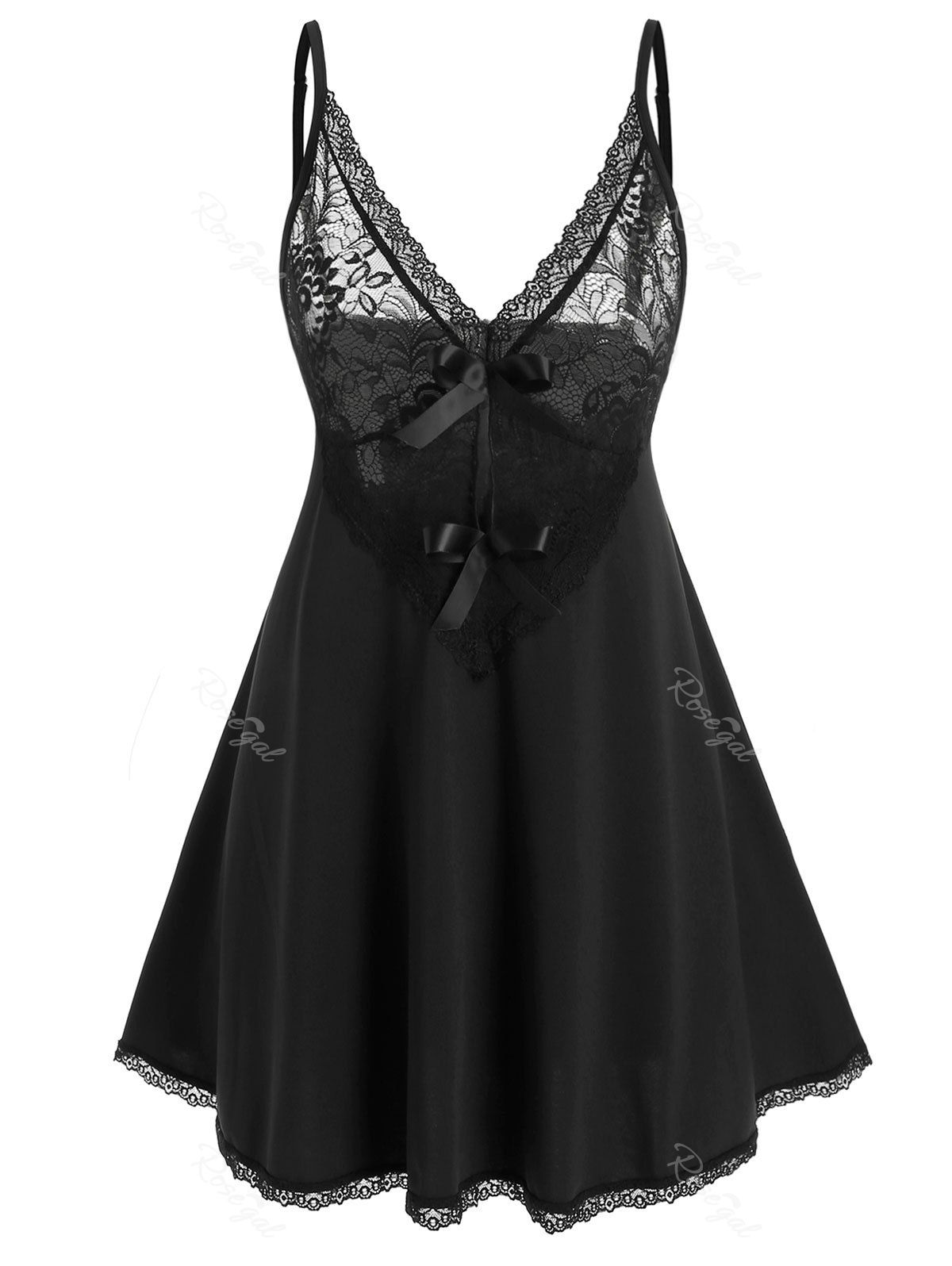 

Plus Size Lace Insert Bowknot Babydoll Set, Black