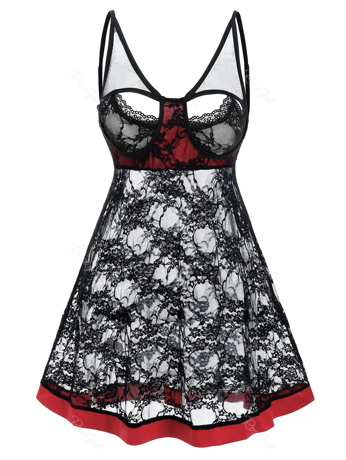 

Plus Size Sheer Lace Open Bust Babydoll Set, Black