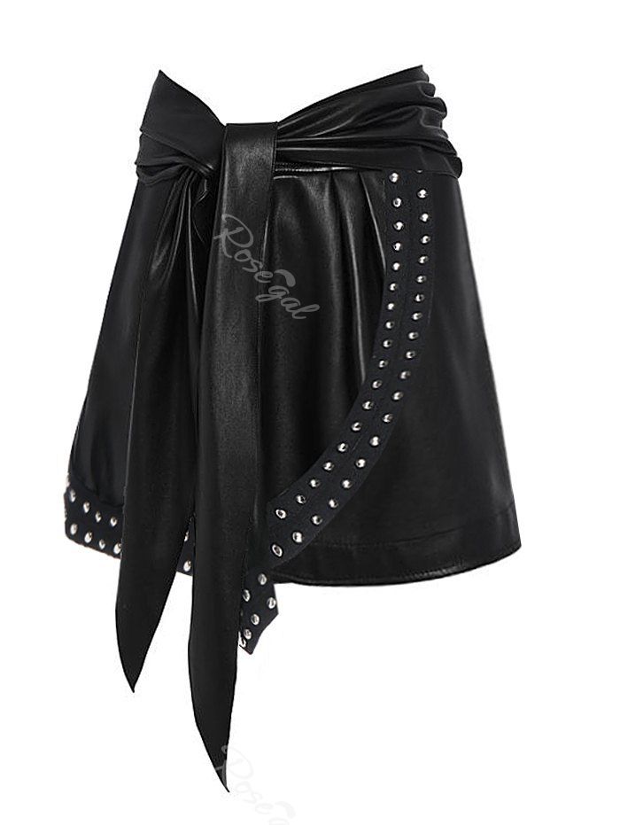 Outfit Rivet Detail Asymmetric Self Tie Faux Leather Skirt  