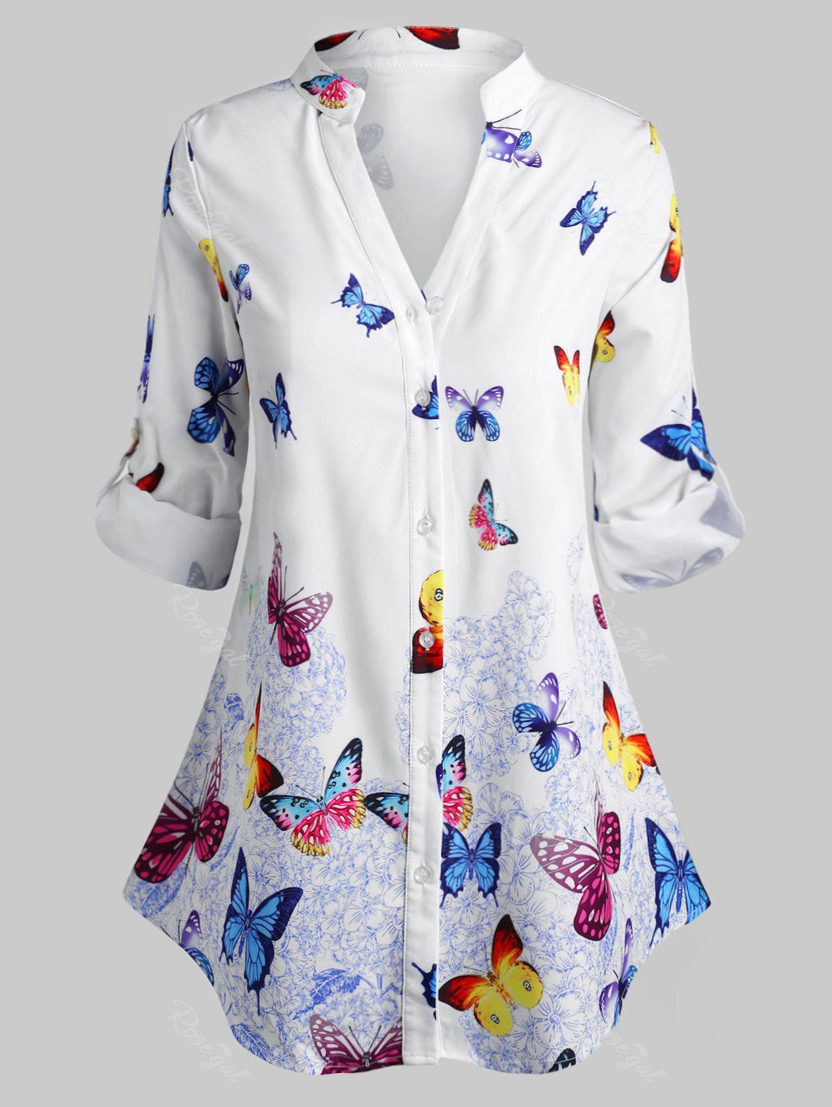 

Plus Size Butterfly Print Roll Up Sleeve Blouse, White