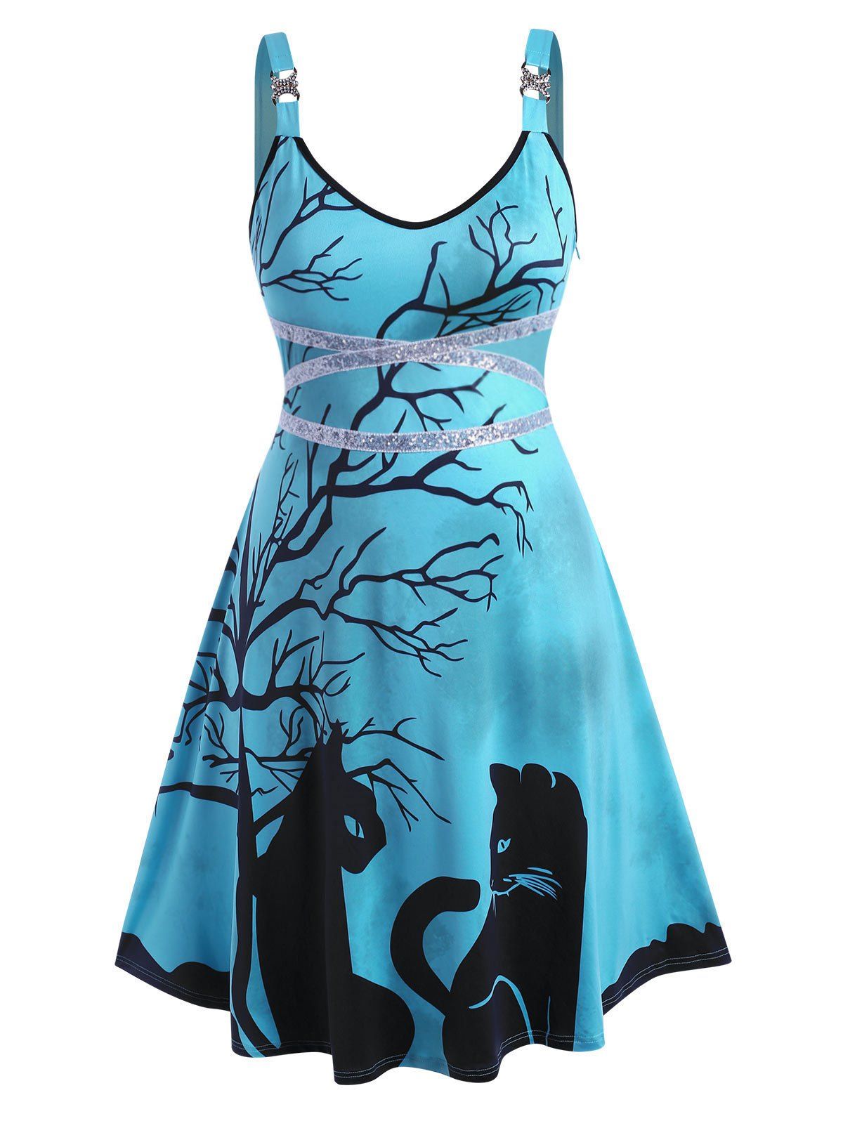 Shops Tree Cat Print Rhinestone Sequins Halloween Plus Size Dress  