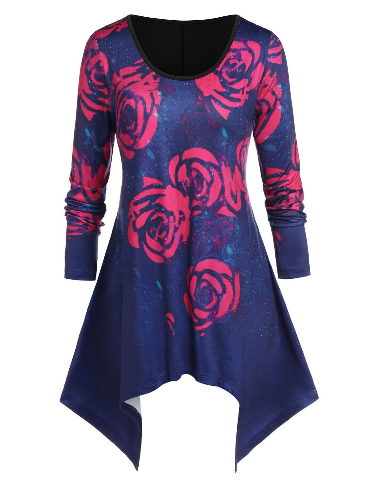 

Plus Size Flower Pattern Handkerchief Long Sleeve Tee, Black