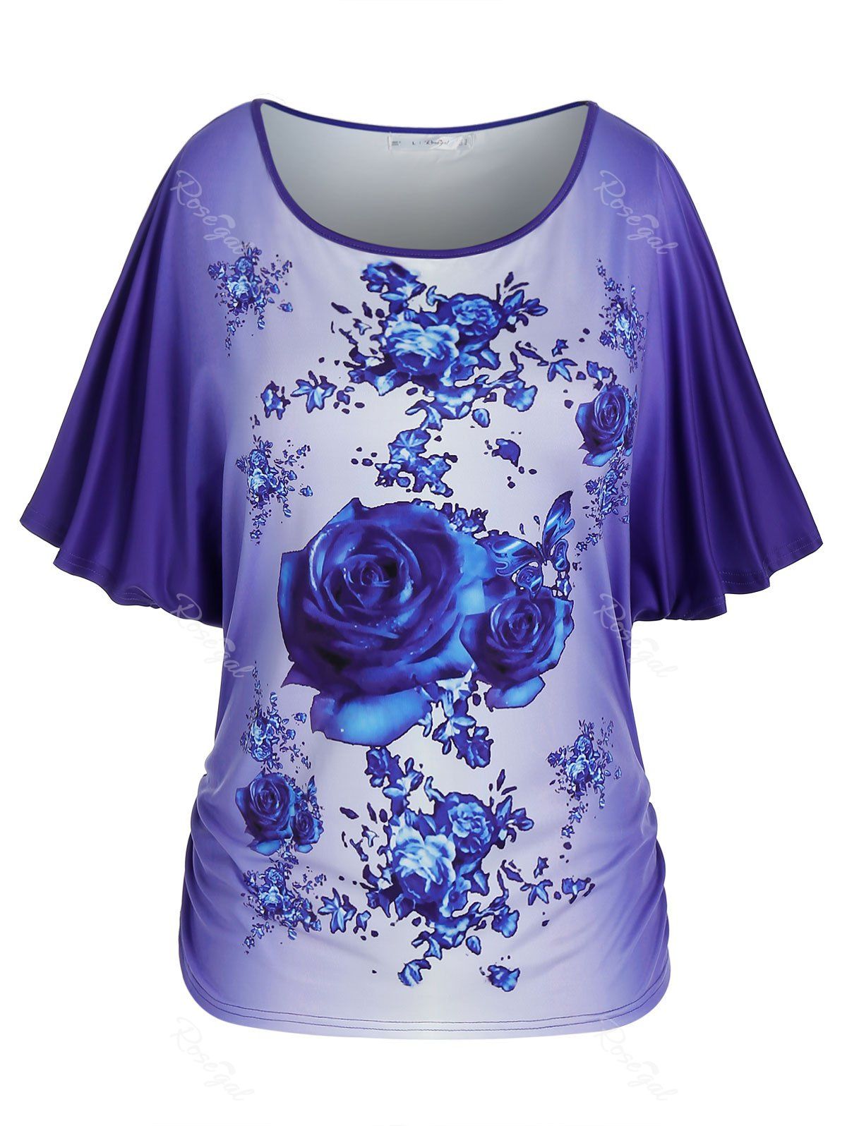 

Plus Size Floral Print Batwing Sleeve Ombre Tee, Blue