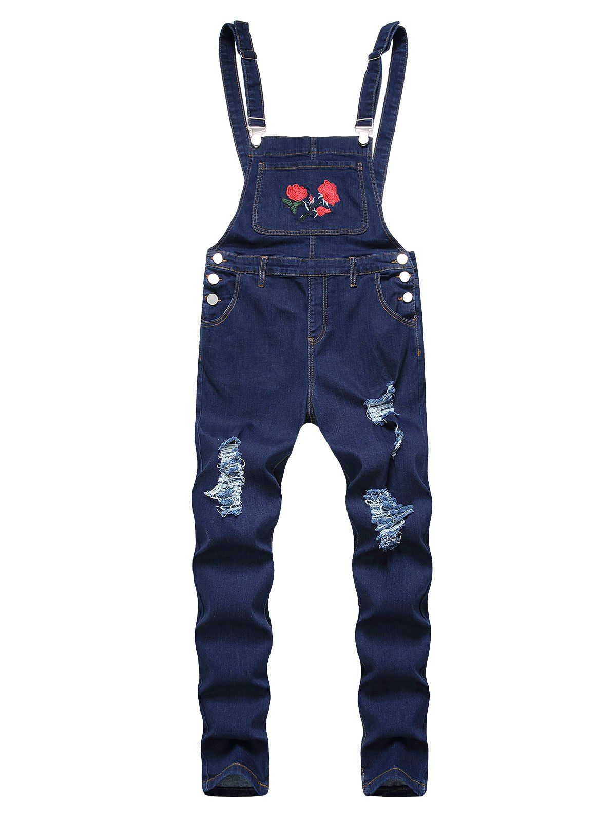 

Ripped Flower Embroidered Tapered Overall Jeans, Deep blue