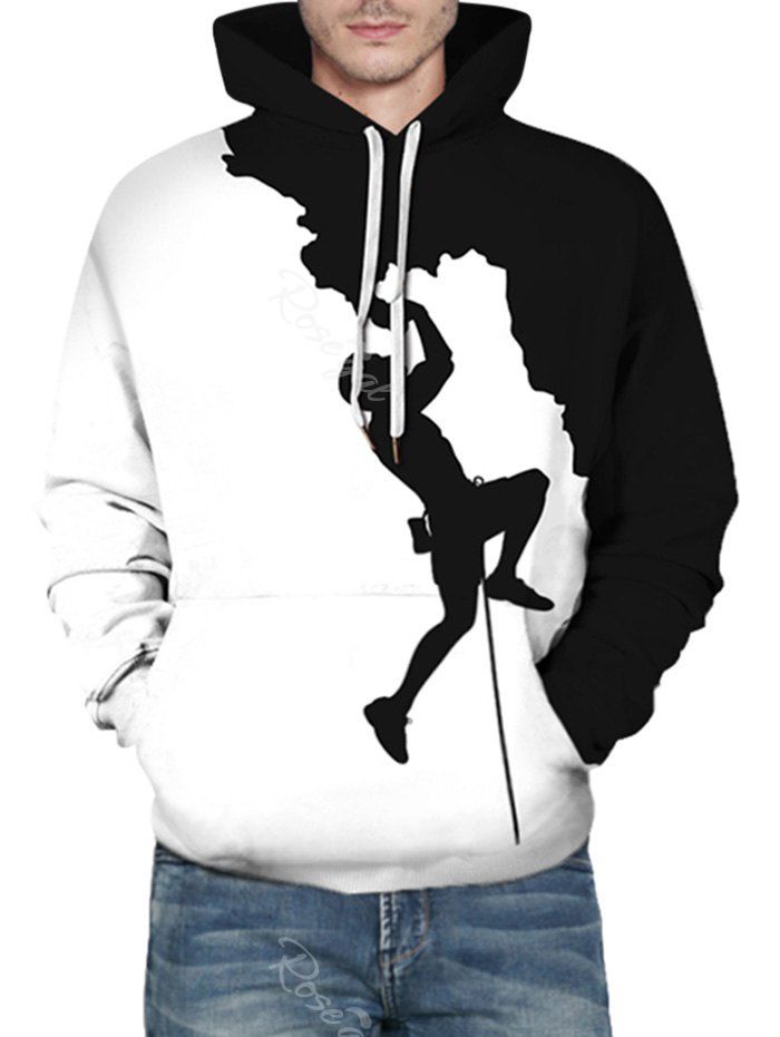

Bicolor Climber Silhouette Graphic Front Pocket Casual Hoodie, White