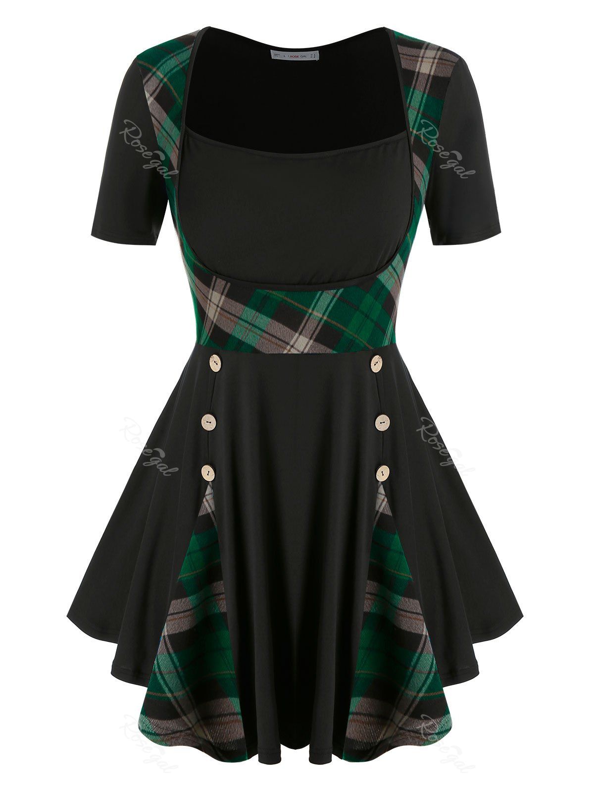 

Plus Size Buttoned Plaid T Shirt, Greenish blue