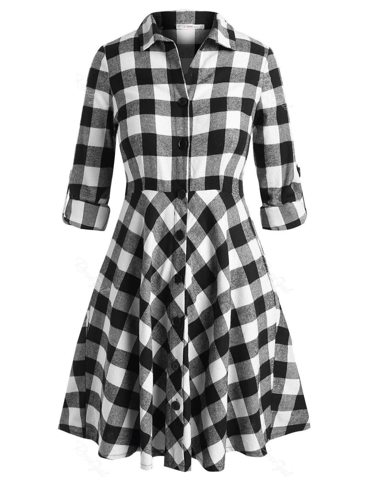 

Tab Sleeve Plaid Plus Size Shirt Dress, Black