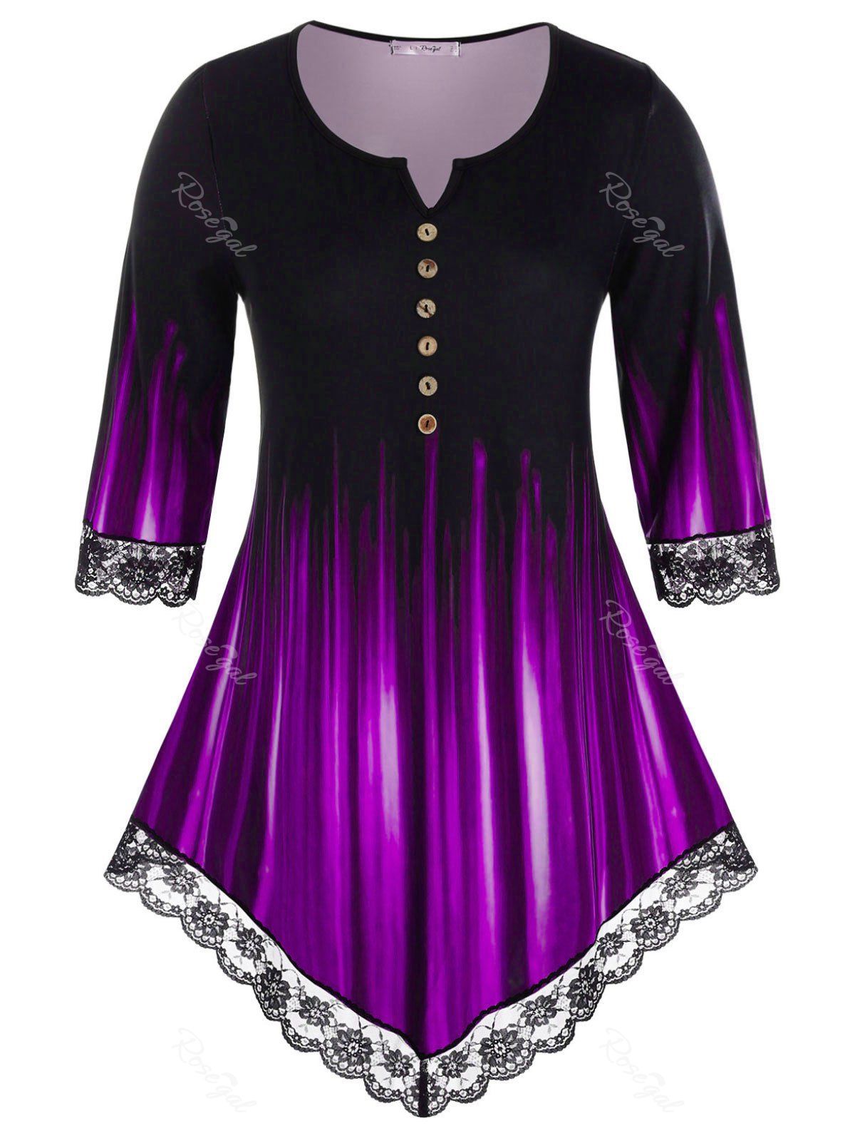 

Plus Size Lace Panel V Notch Buttoned Print Tunic Tee, Concord