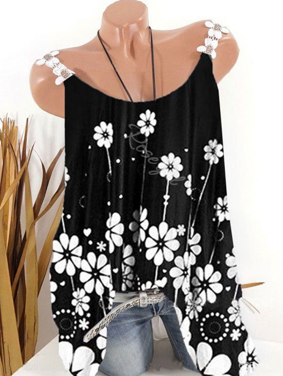 

Plus Size Floral Print Trapeze Tank Top, Black