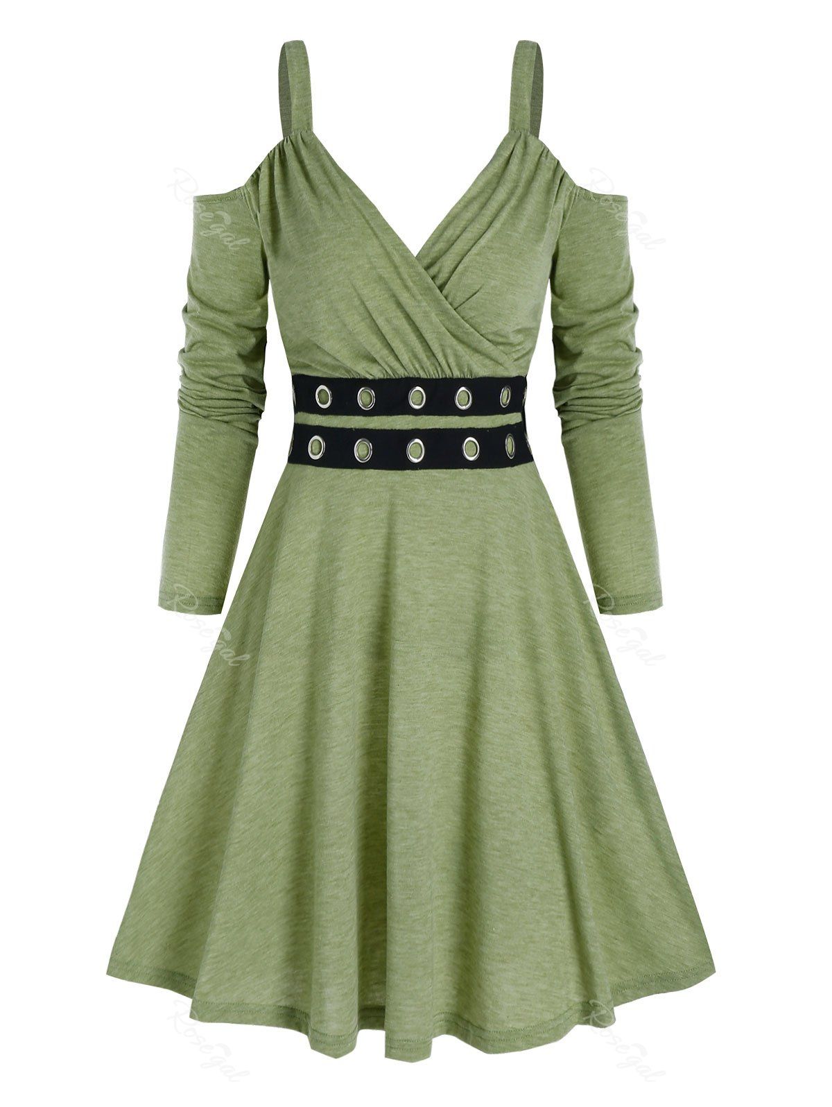 

Cold Shoulder Grommet Mini A Line Dress, Light green