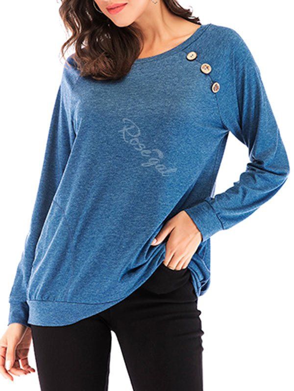 Sweat-shirt Embelli de Bouton à Manches Raglan avec Poche Bleu S