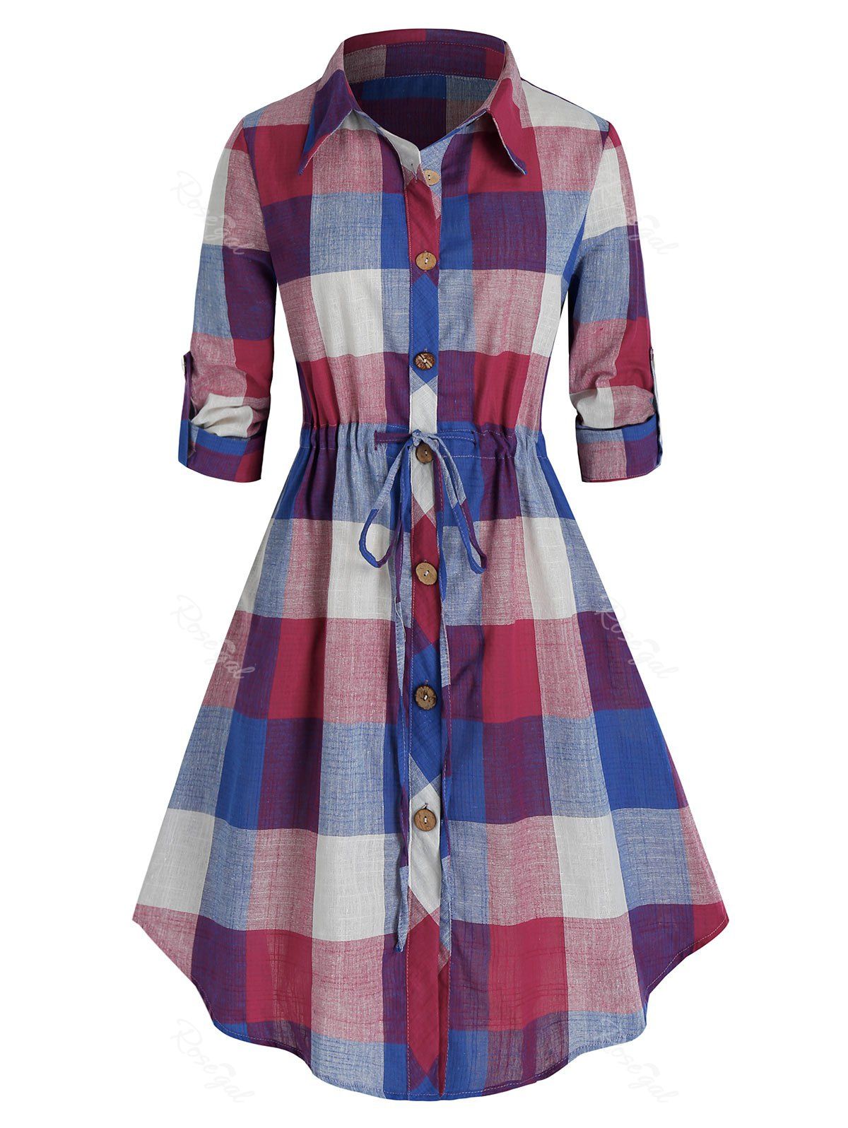 

Plus Size Plaid Drawstring Curved Roll Tab Sleeve Shirt Dress, Blueberry blue