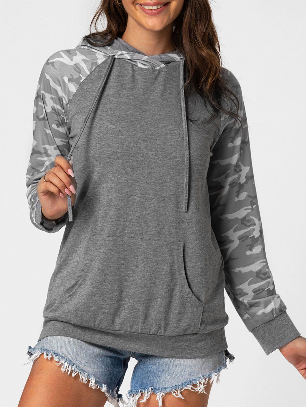 

Camo Front Pocket Marled Hoodie, Gray