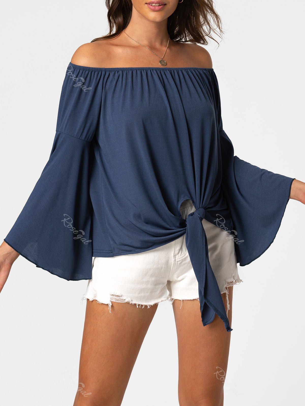 

Off The Shoulder Knot Flare Sleeve Top, Deep blue