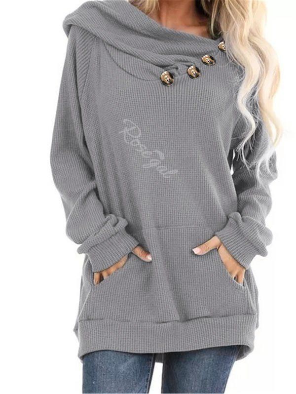 

Hooded Kangaroo Pocket Mock Button Knitwear, Gray
