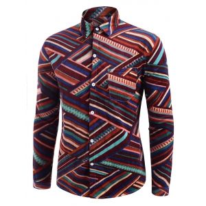 

Zigzag Striped Pocket Button Up Corduroy Shirt, Red