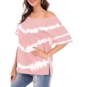 

Tie Dye Skew Neck Side Slit Pocket Tee, Light pink