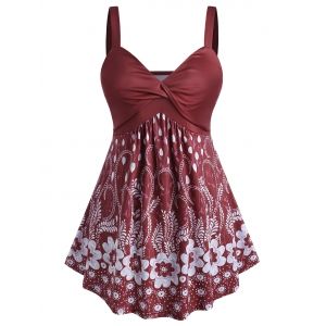 

Plus Size Front Twist Floral Print Tank Top, Deep red