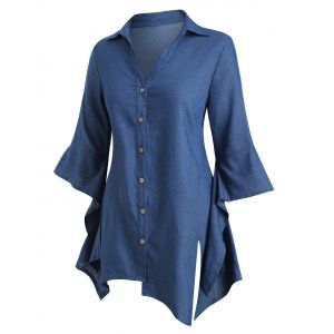 

Plus Size Chambray Asymmetric Bell Sleeve Top, Blue