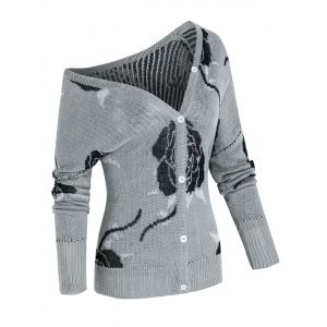 

Plus Size Skew Neck Rose Jacquard Cardigan, Light gray