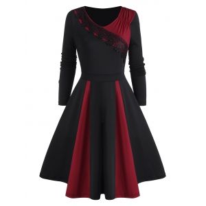 

Ruched Lace Applique Godet Long Sleeve Dress, Black