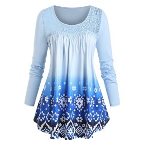 

Plus Size Lace Insert Floral Print Ombre T Shirt, Light blue