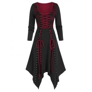 

Lace Panel Lace Up Asymmetrical Long Sleeve Dress, Multi a