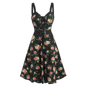 

Lace Up Floral Print Mini Cami Dress, Black