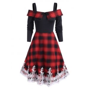 

Plaid Print Cold Shoulder Lace Panel A Line Dress, Red