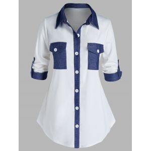 

Plus Size Dual Pocket Denim Patched Rolled Tab Sleeve Shirt, White