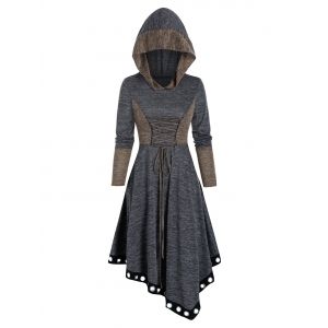 

Contrast Color Lace Up Asymmetrical Hooded Dress, Dark slate grey