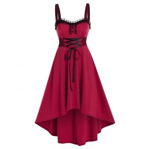 

Lace Panel Sleeveless Lace-up High Low Midi Dress, Red