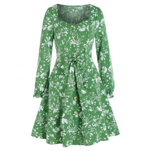 

Ditsy Floral Front Pockets Belted Mini Dress, Light green