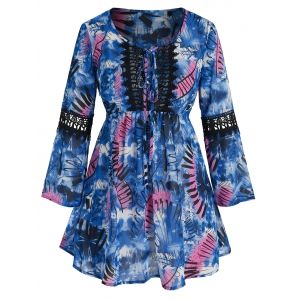 

Plus Size Crochet Panel Lace Up Printed Blouse, Blueberry blue