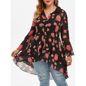 

Plus Size High Low Flounce Floral Blouse and Tank Top Set, Black
