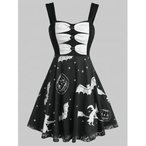 

Halloween Pumpkin Bat Print Sleeveless Flare Dress, Black