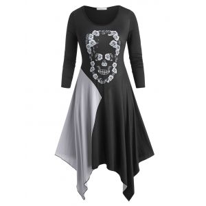 

Skull Floral Colorblock Halloween Plus Size Dress, Black