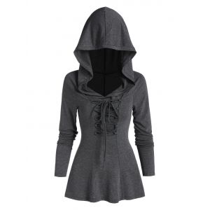 

Back Slit Lace-up Heathered Hoodie, Ash gray