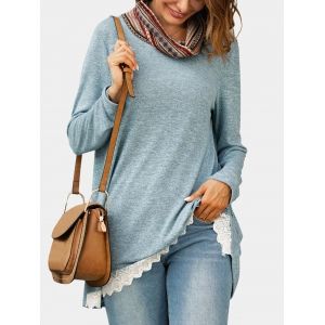 

Ethnic Cowl Neck Lace Hem Knitwear, Light blue