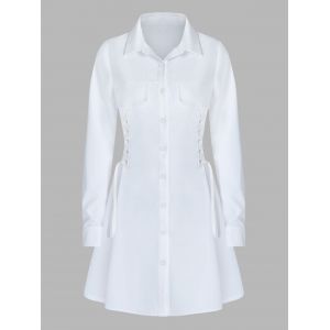 

Long Sleeve Lace-up Button Up Shirt Dress, White