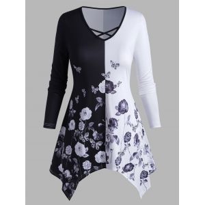 

Plus Size Flower Butterfly Print Crisscross Handkerchief T-shirt, Black