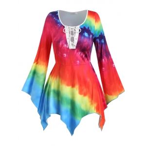 

Handkerchief Rainbow Tie Dye Lace Up Plus Size Top, Red