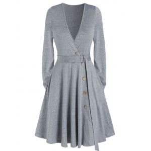 

Deep V Neck Pockets Belted Mock Button Mini Dress, Light gray